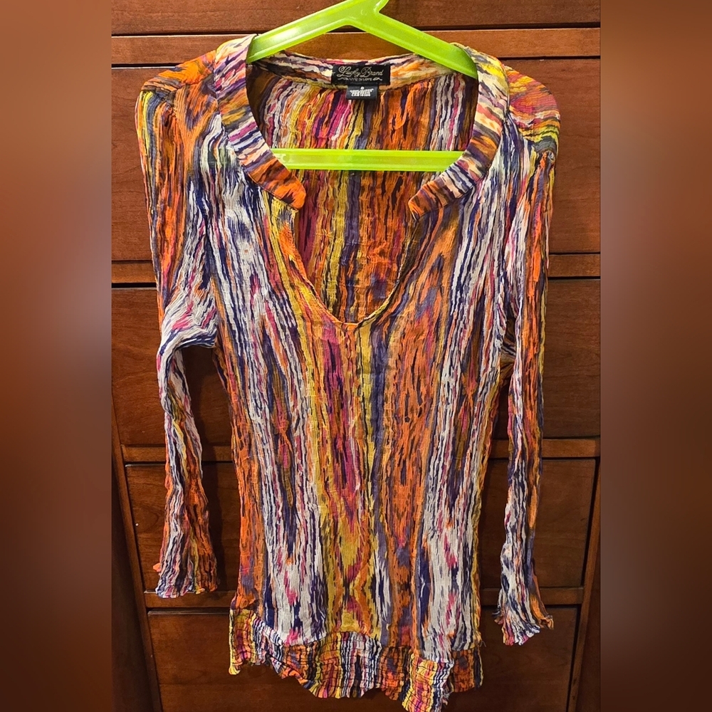 Lucky Brand Multicolor Sheer Top Smocked Waist, Small, 100% Rayon